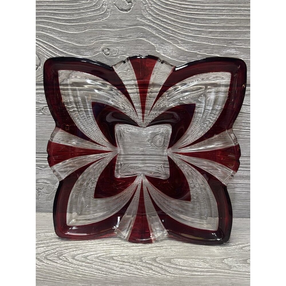 Soga Crystal Cut Glass Platter Ruby Red Fifth Avenue Made in Japan 11”